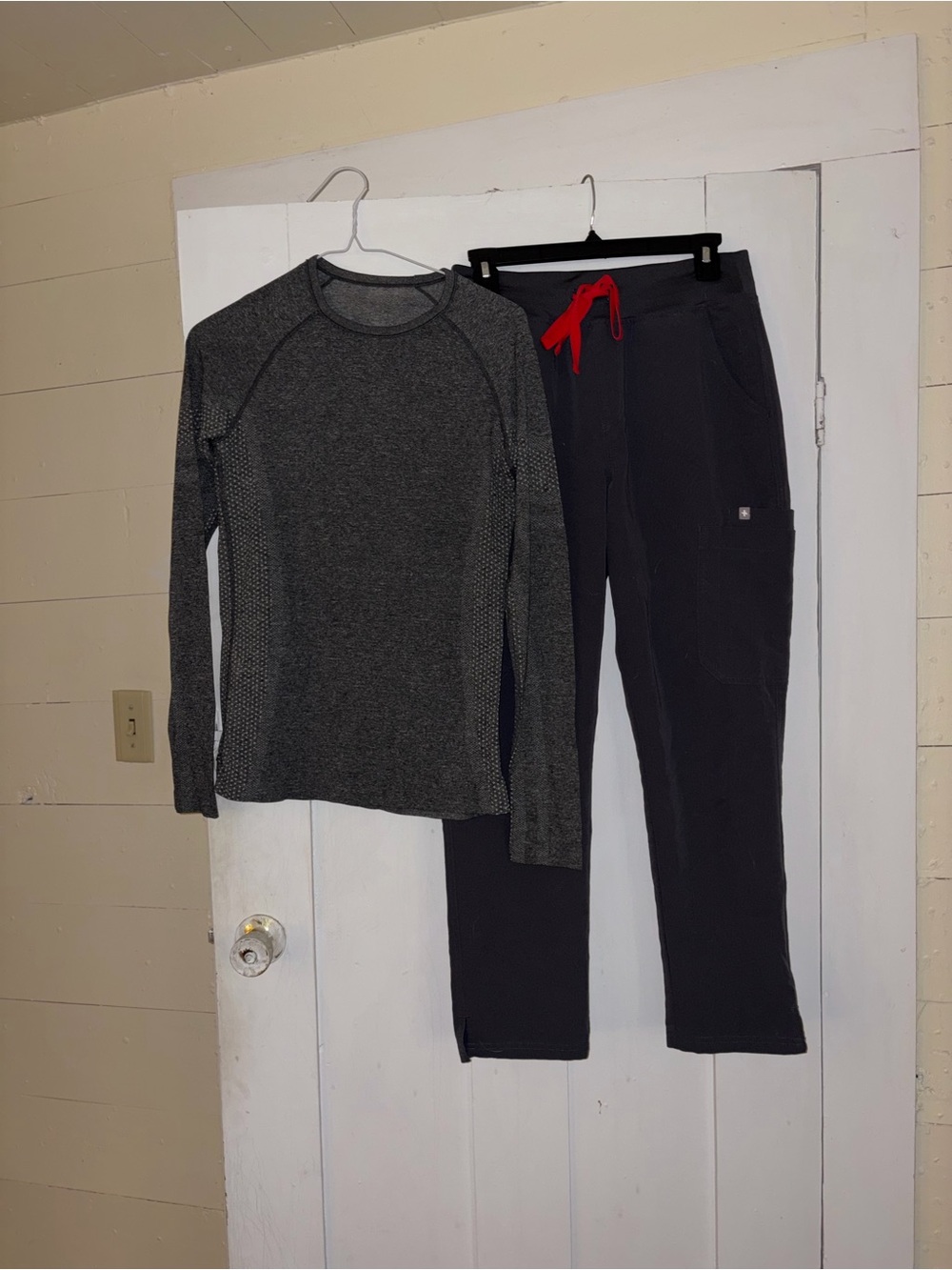 Figs Charcoal Grey Under Scrub Top and Scrub Pants with Red Drawstring